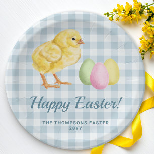 Watercolor Chick And Eggs On Blue With Text Paper Plate