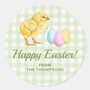 Watercolor Chick And Eggs On Green Gingham Pattern Classic Round Sticker