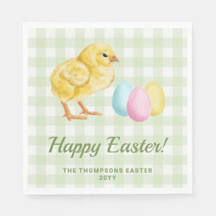Watercolor Chick And Eggs On Green Happy Easter Napkin
