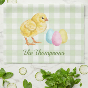 Watercolor Chick And Eggs On Green With Name Kitchen Towel