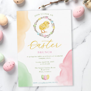 Watercolor Chick And Pastel Wreath Easter Brunch Invitation