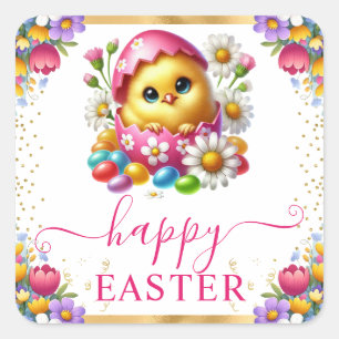 Watercolor Chick Spring Flowers Happy Easter Square Sticker