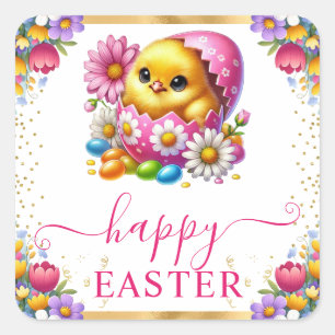 Watercolor Chick Spring Flowers Happy Easter Square Sticker