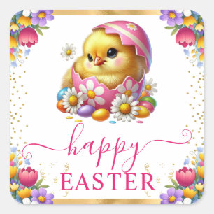 Watercolor Chick Spring Flowers Happy Easter Square Sticker