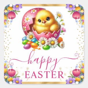 Watercolor Chick Spring Flowers Happy Easter Square Sticker