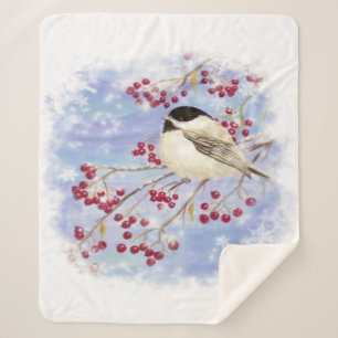 Watercolor Chickadee Berry Tree Winter Frost Bird Sherpa Blanket