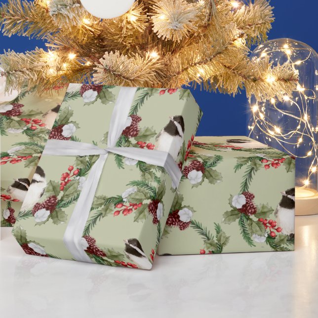 Watercolor Chickadee Bird Christmas Wreath Wrapping Paper (Holidays)