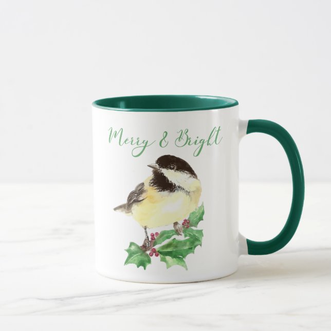 Watercolor Chickadee Bird Merry & Bright Christmas Mug (Right)