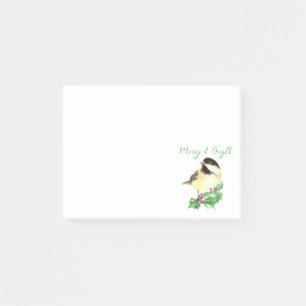Watercolor Chickadee Bird Merry & Bright Christmas Post-it Notes