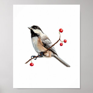 Watercolor Chickadee Bird Painting Poster
