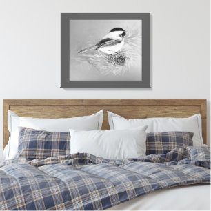 Watercolor Chickadee Bird Pine Cone Nature Art Canvas Print