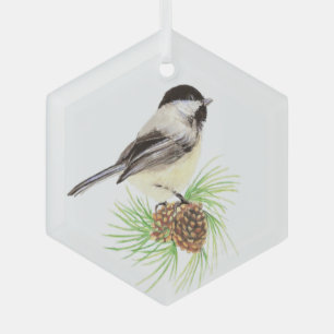 Watercolor Chickadee Bird Pine Cone Nature Glass Ornament