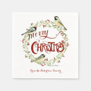 Watercolor Chickadee Birds Merry Christmas Wreath Napkin
