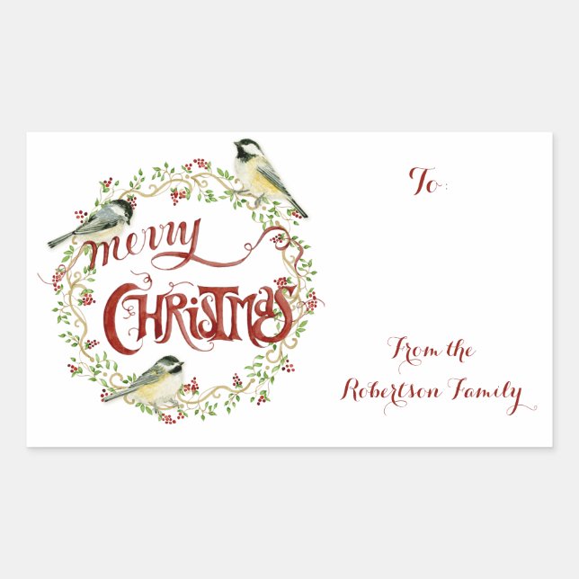 Watercolor Chickadee Birds Merry Christmas Wreath Sticker (Front)