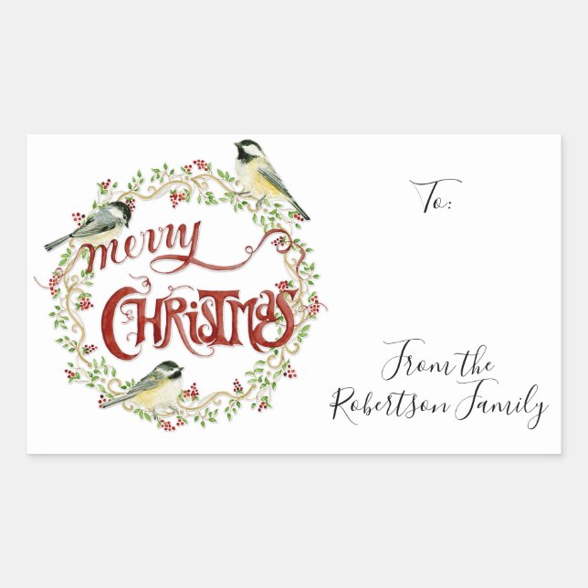 Watercolor Chickadee Birds Merry Christmas Wreath Sticker (Front)