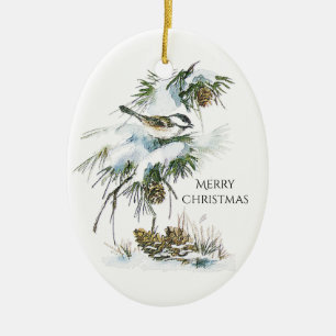 Watercolor Chickadee Ceramic Ornament