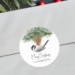 Watercolor Chickadee Pine Cone Christmas Classic Round Sticker<br><div class="desc">This personalized Merry Christmas sticker is perfect to add the finishing touch to your holiday mail,  with a cute watercolor chickadee perched on a pine cone dangling from an evergreen sprig.</div>
