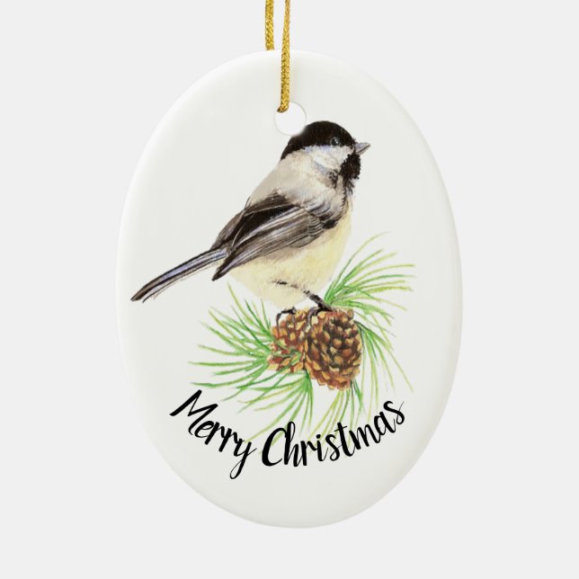 Watercolor Chickadee Pine Cone Merry Christmas Ceramic Ornament (Back)