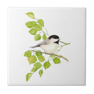 Watercolor Chickadee Poplar Tree Art Tile