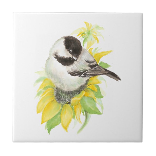 Watercolor Chickadee Sunflower Cute Bird art Tile (Front)