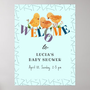 Watercolor Chicken Family Boy Baby Shower Welcome Poster