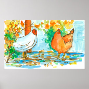 Watercolor Chicken Hens Fall Leaves Poster