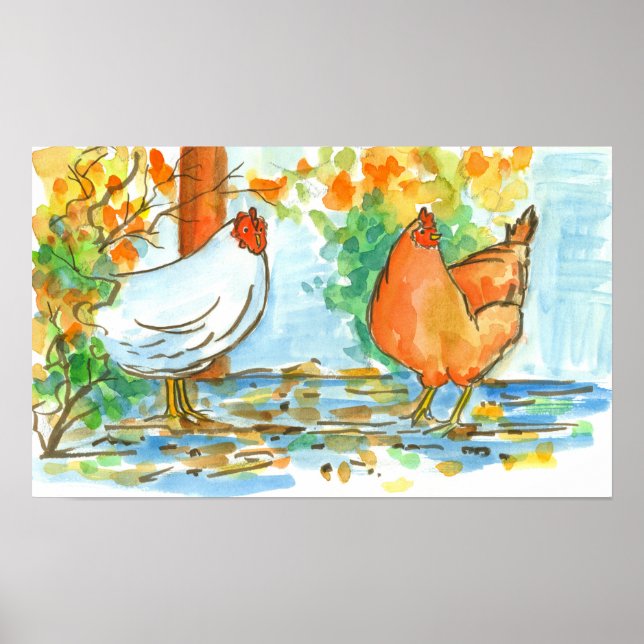 Watercolor Chicken Hens Fall Leaves Poster (Front)
