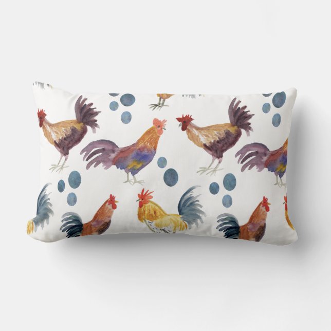 Watercolor Chickens Colourful Lumbar Pillow (Front)