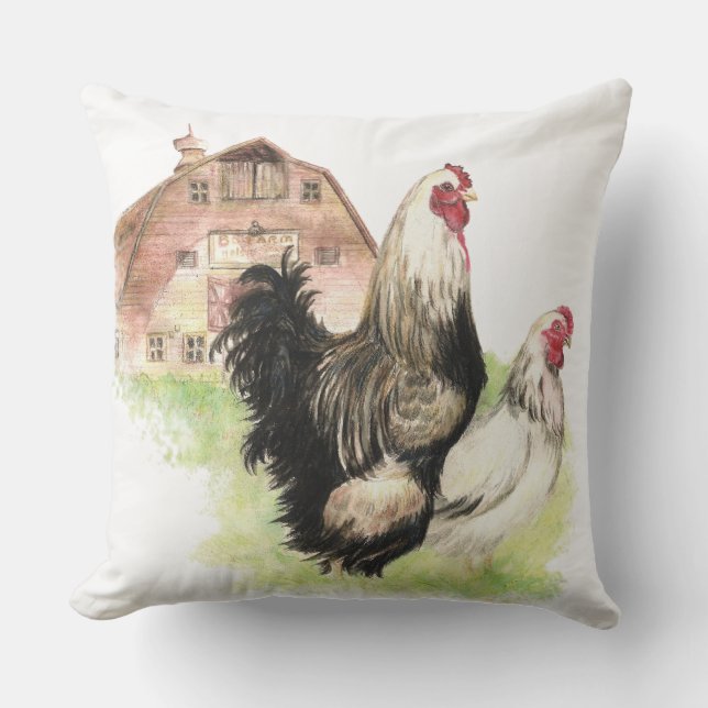 Watercolor Chickens Hen & Rooster Farm Birds Throw Pillow (Front)