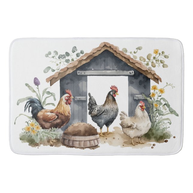 Watercolor Chickens in Coop Bath Mat (Front)