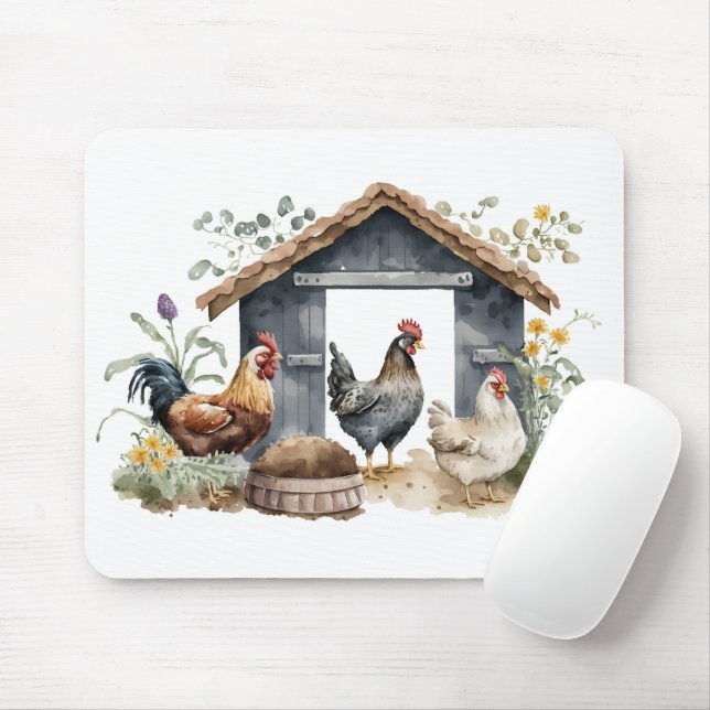 Watercolor Chickens in Coop Mouse Pad (With Mouse)