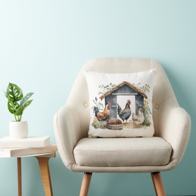 Watercolor Chickens in Coop Throw Pillow (Chair)