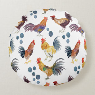 Watercolor chickens pattern country round pillow