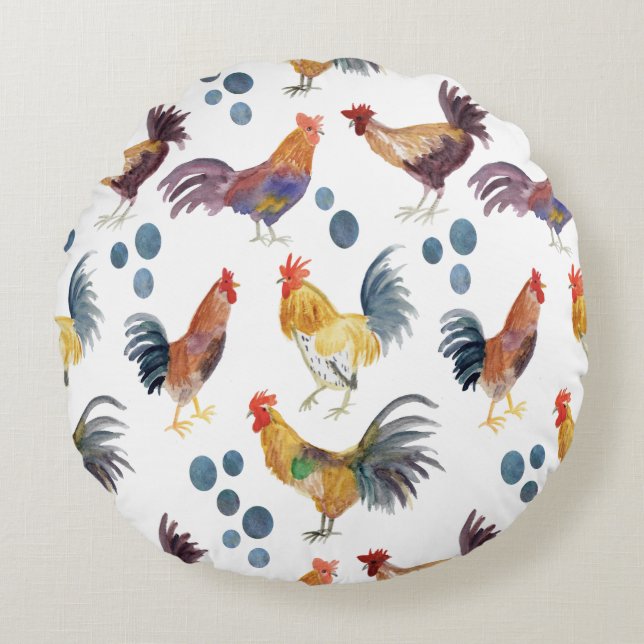 Watercolor chickens pattern country round pillow (Front)