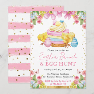 Watercolor Chicks and Cake Spring Easter Brunch Invitation