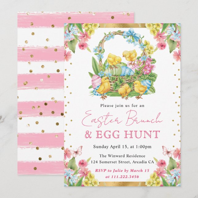 Watercolor Chicks and Eggs Spring Easter Brunch Invitation (Front/Back)