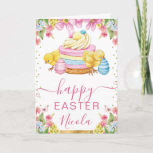 Watercolor Chicks Cake Spring Happy Easter Card