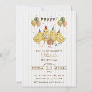 Watercolor Chicks Neutral 1st Birthday Cake Invitation