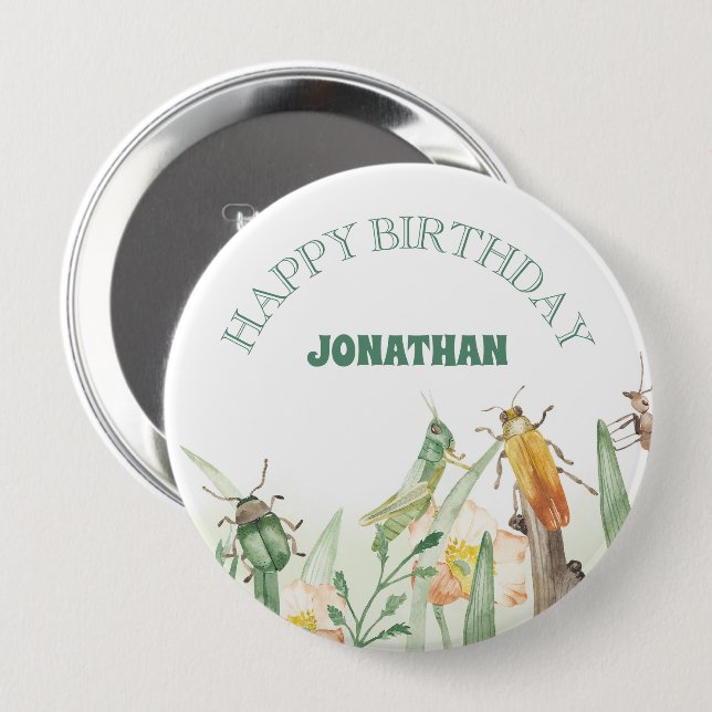 Watercolor Child's Bug Insect Birthday 4 Inch Round Button (Front & Back)