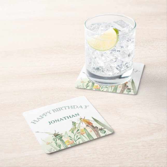 Watercolor Child's Bug Insect Birthday Square Paper Coaster (Insitu)