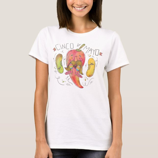 Watercolor Chili Pepper, Beans, Cinco de Mayo T-Shirt (Front)