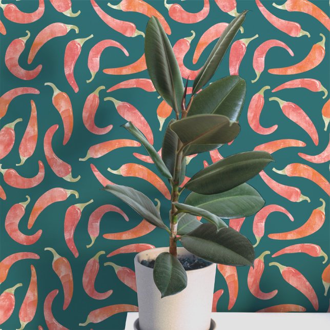 Watercolor Chili Pepper Red Dark Wallpaper (Hot and spicy watercolor red chili peppers on a dark teal green background. Peel and stick wallpaper)