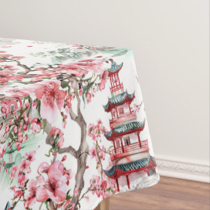 Watercolor Chinese Pagoda - Cherry Blossoms (10) Tablecloth