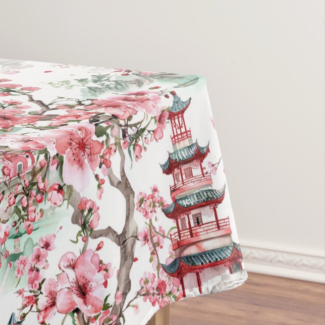 Watercolor Chinese Pagoda - Cherry Blossoms (10) Tablecloth (In Situ)