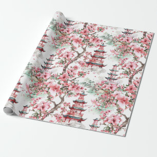 Watercolor Chinese Pagoda - Cherry Blossoms (10) Wrapping Paper