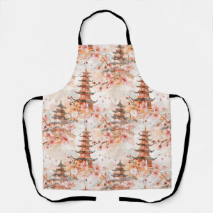 Watercolor Chinese Pagoda with Cherry Blossoms (1) Apron