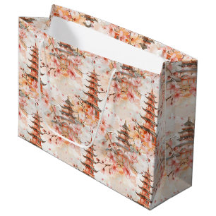 Watercolor Chinese Pagoda with Cherry Blossoms (1) Large Gift Bag