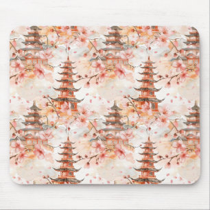 Watercolor Chinese Pagoda with Cherry Blossoms (1) Mouse Pad