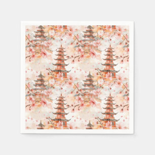 Watercolor Chinese Pagoda with Cherry Blossoms (1) Napkin
