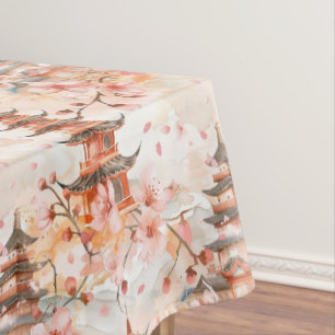 Watercolor Chinese Pagoda with Cherry Blossoms (1) Tablecloth